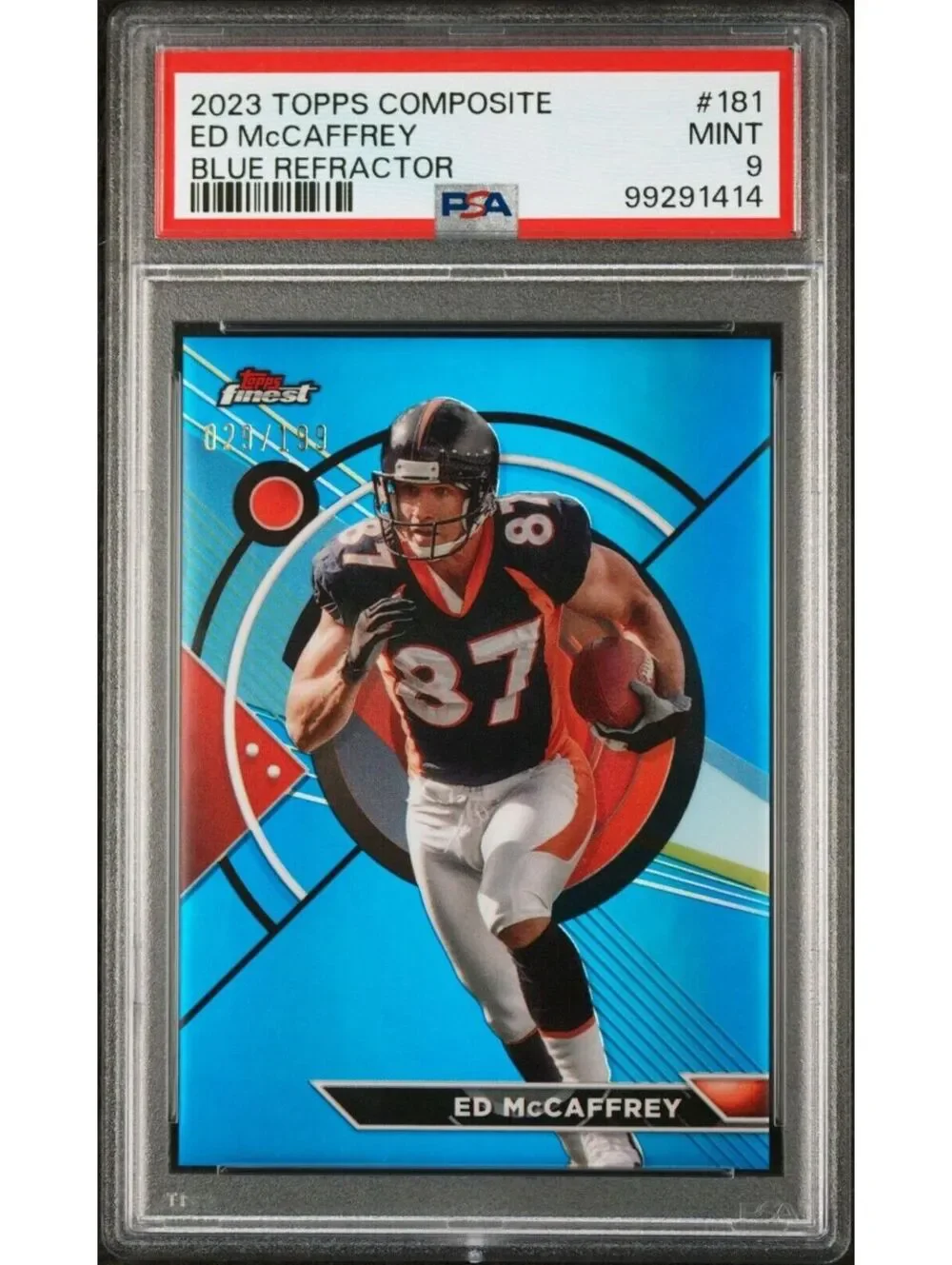 Ed McCaffrey 2023 Topps Finest NFL #181 Blue Refractor 029/199 Card PSA 9 Mint